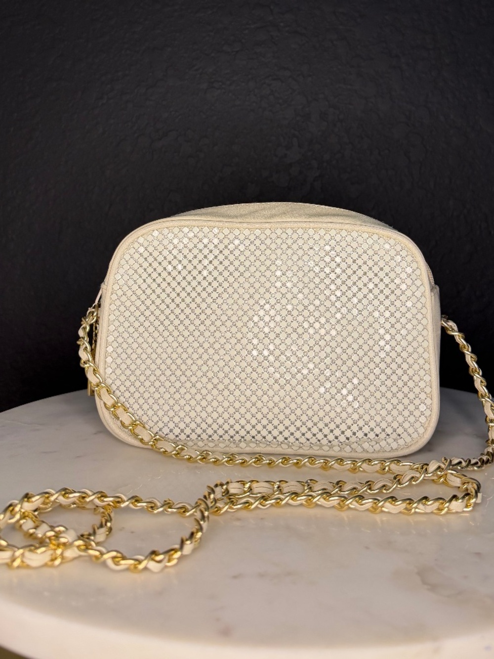 Vintage Whiting and Davis Cream Mesh‎ Crossbody Bag Gold Chain